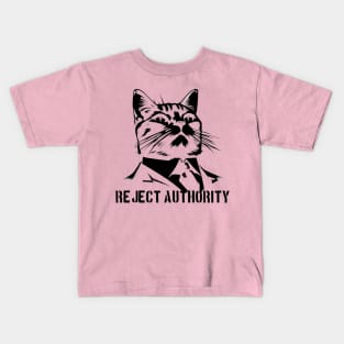 Reject Authority Cat (Black Pattern and Text) Kids T-Shirt